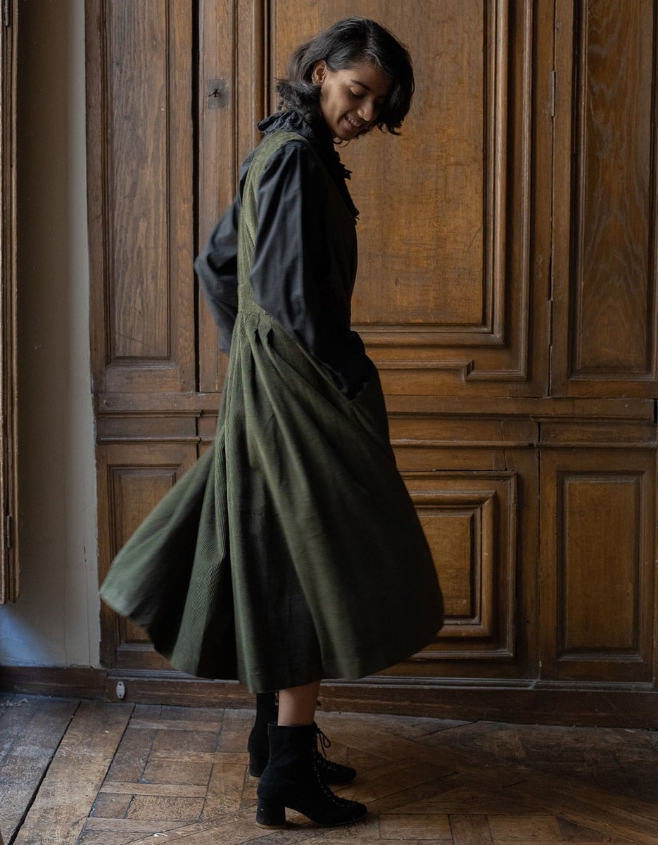 Olive Green Corduroy Jumper Dress With Flowing Skirt — Classy Corduroy Dress