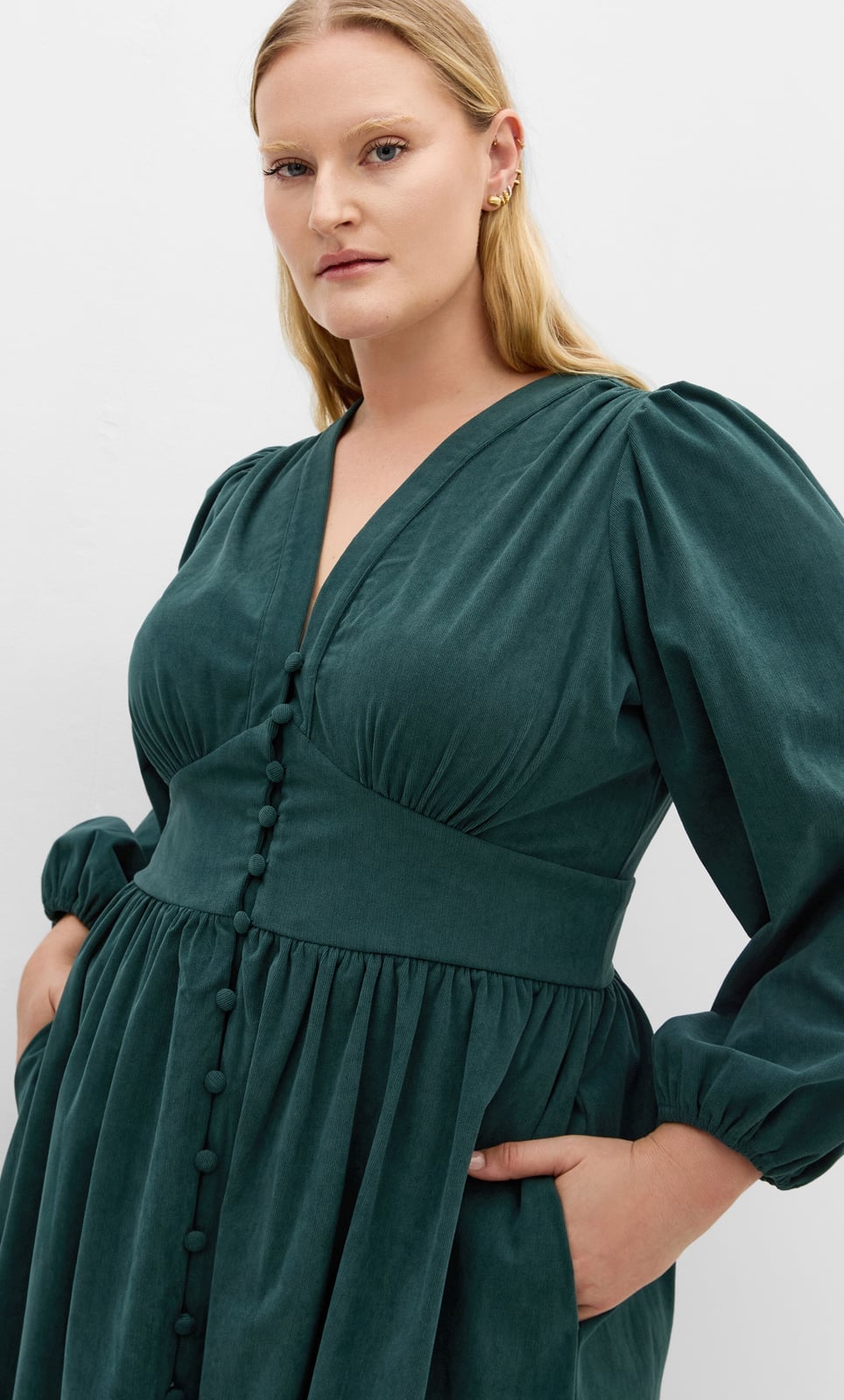 Deep Green Corduroy Midi Dress With Puffed Sleeves — Classy Corduroy Dress