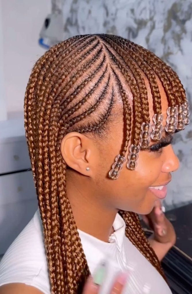Brown Cornrows With Blunt Bangs And Beads Brown Cornrows With Blunt Bangs And Beads — Classy Cornrows Hairstyles