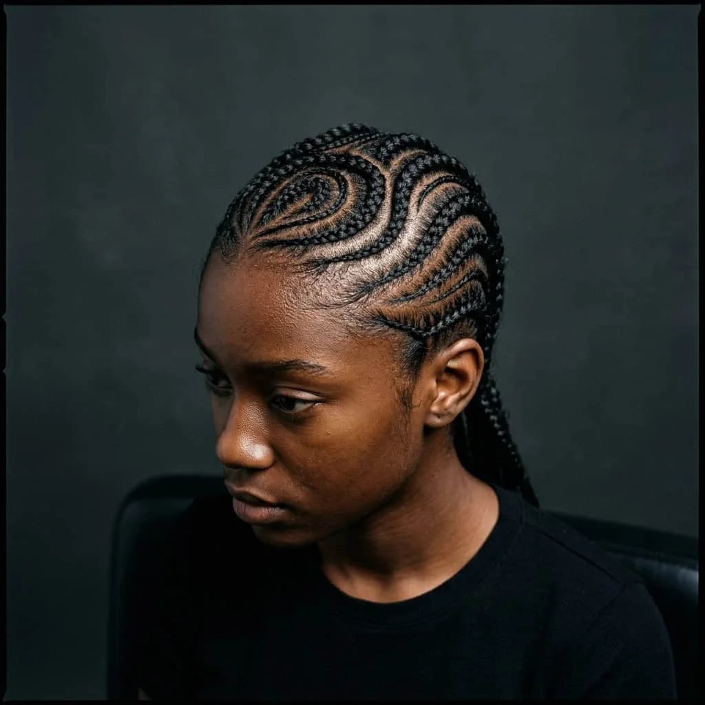 Sleek Black Cornrows With Geometric Scalp Design Sleek Black Cornrows With Geometric Scalp Design — Classy Cornrows Hairstyles