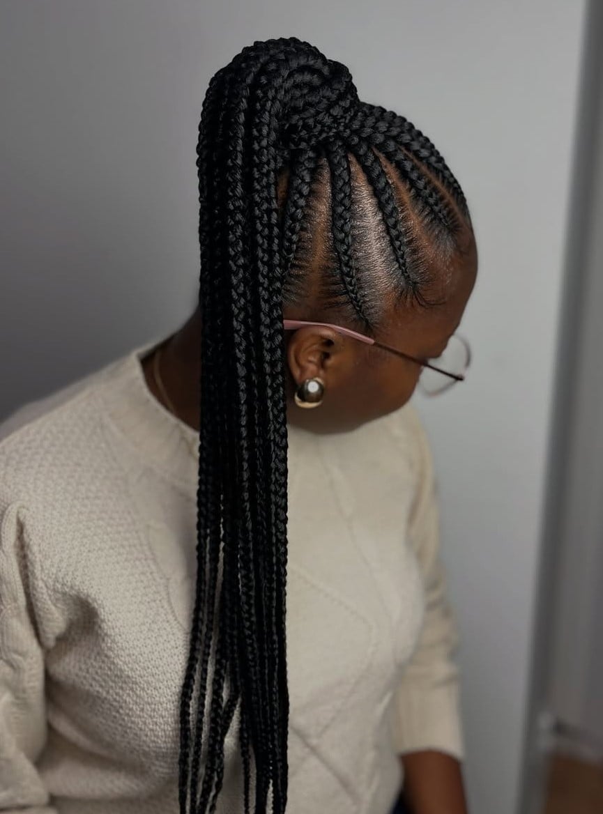 Side Part Cornrows Styled Into A High Ponytail Side Part Cornrows Styled Into A High Ponytail — Classy Cornrows Hairstyles