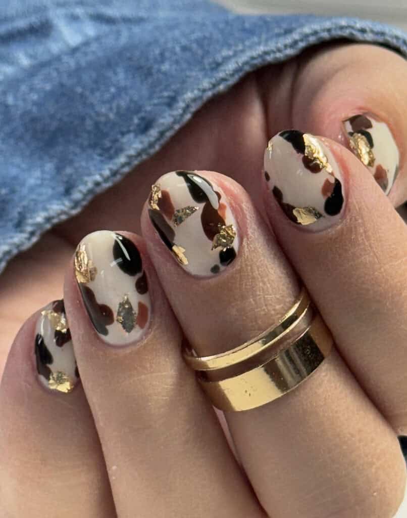 Cow Print with Gold Foil Short Medium Oval Nails — Classy Cow Print Nails