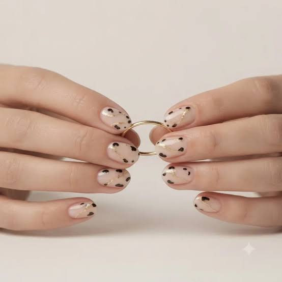 Cow Print with Gold Lines Short Oval Nails — Classy Cow Print Nails