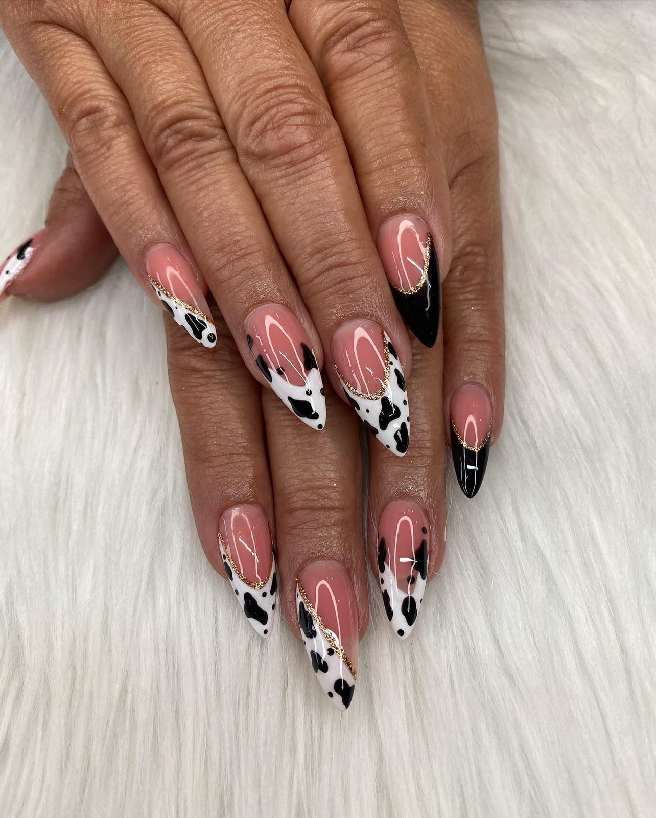 Pink Nude Cow Print French Tips with Gold Line — Classy Cow Print Nails