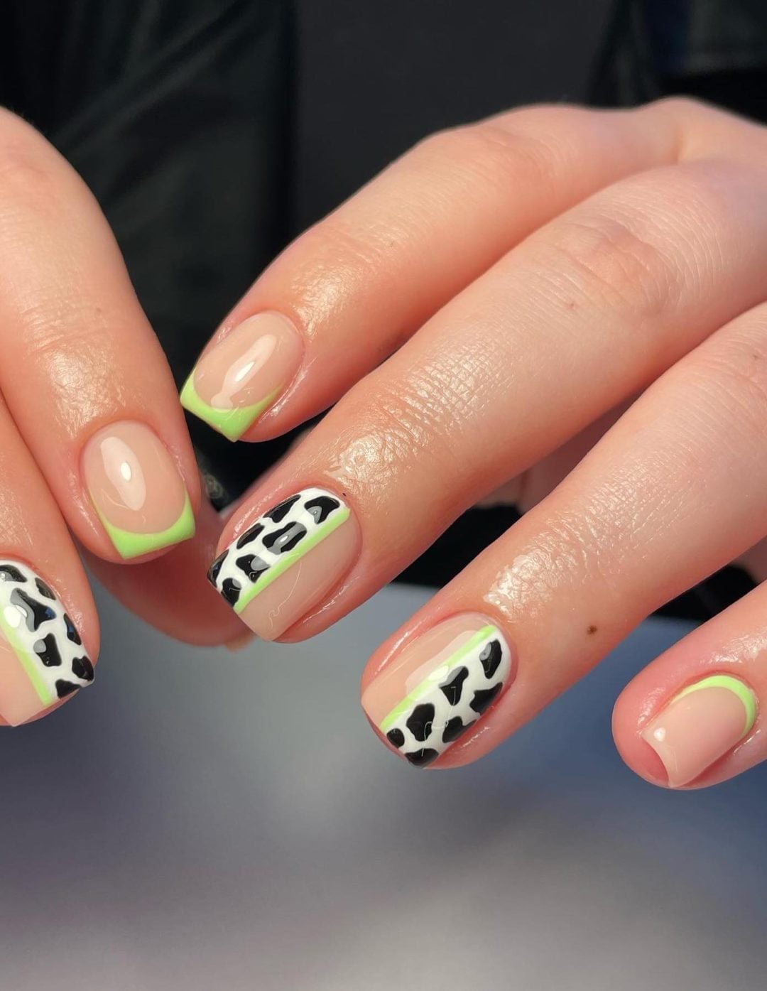 Neon Green Line Cow Print Short Square Nails — Classy Cow Print Nails