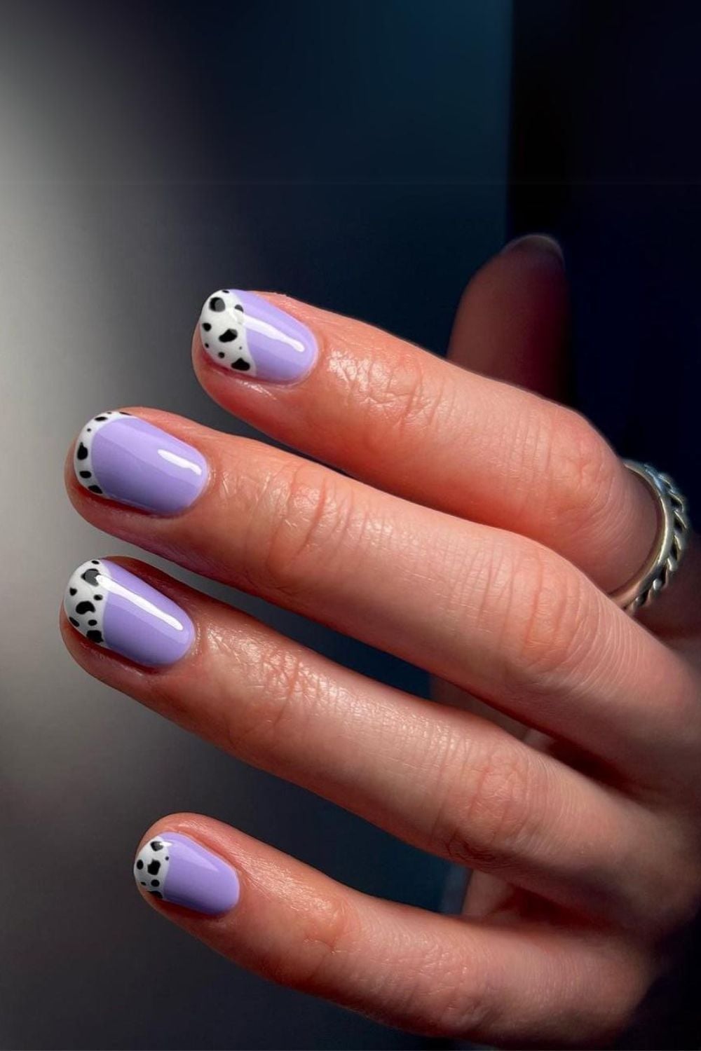 Black and White Cow Print Tips on Short Round Lavender — Classy Cow Print Nails