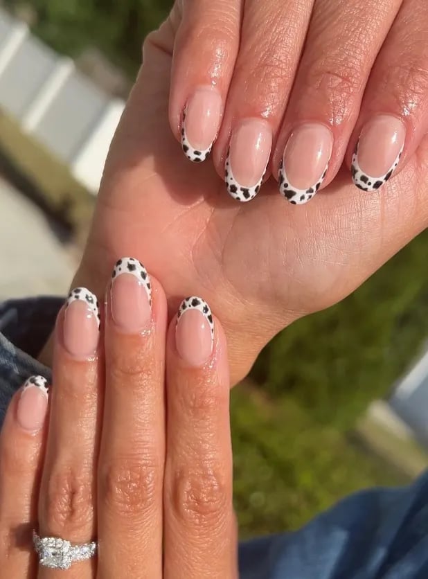Nude Base Cow Print French Tips Medium Oval Nails — Classy Cow Print Nails
