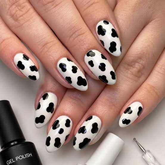 Classic Black and White Cow Print Medium Almonds — Classy Cow Print Nails