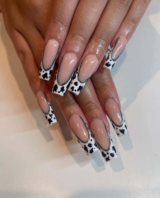 Glitter Line Cow Print French Tips Long Coffin Nails — Classy Cow Print Nails
