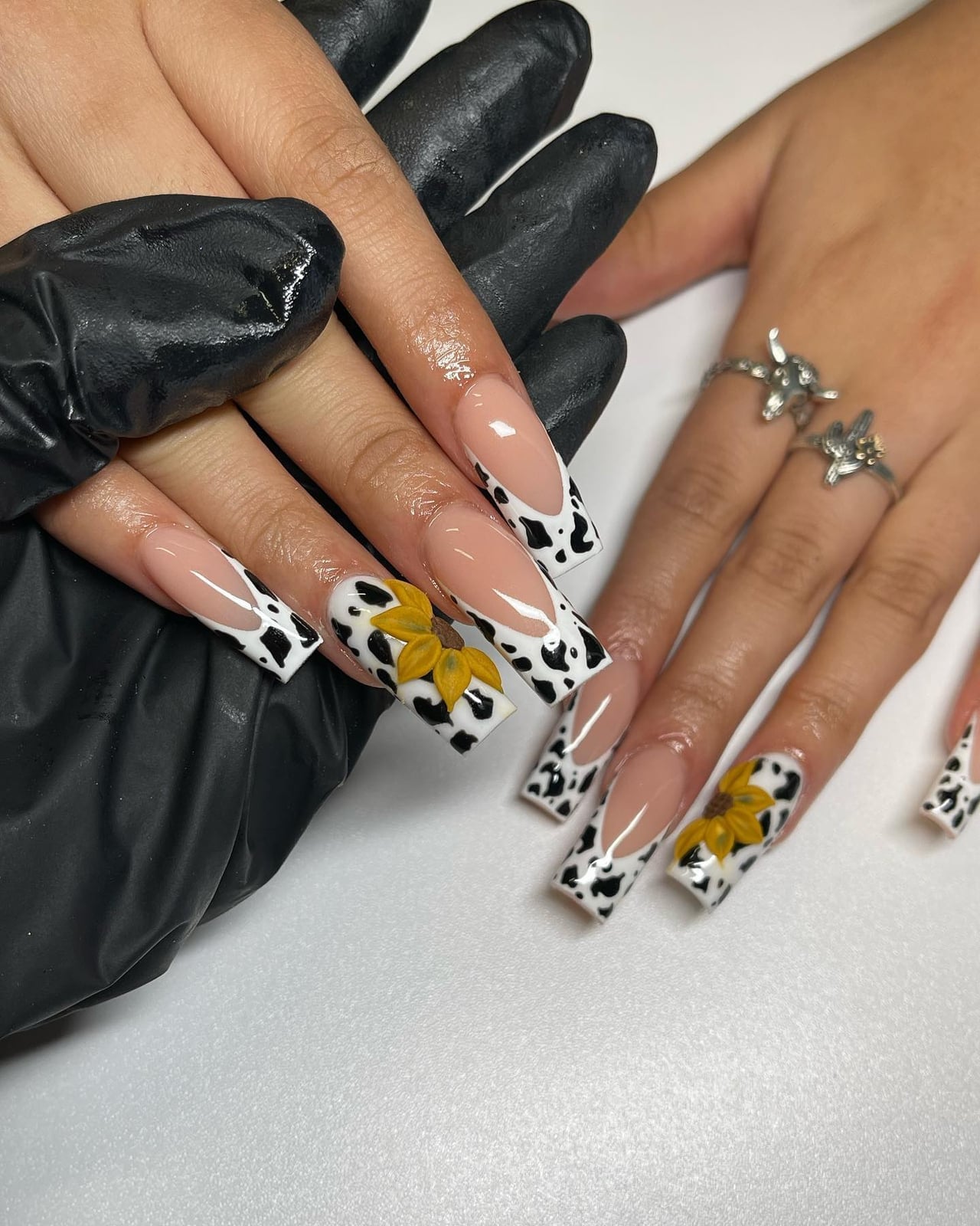 Cow Print French Tips with Sunflower Art Long Square Nails — Classy Cow Print Nails