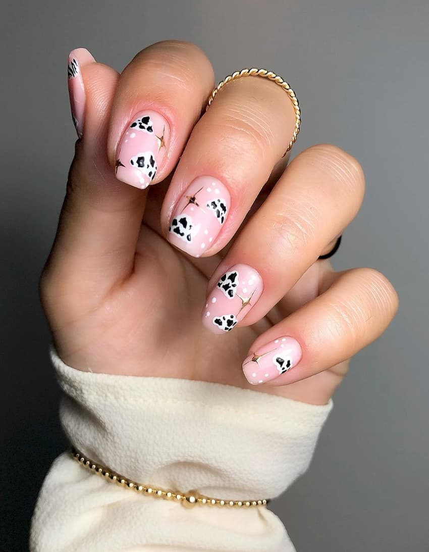 Pink Base Cow Print with Gold Dots Short Oval Nails — Classy Cow Print Nails
