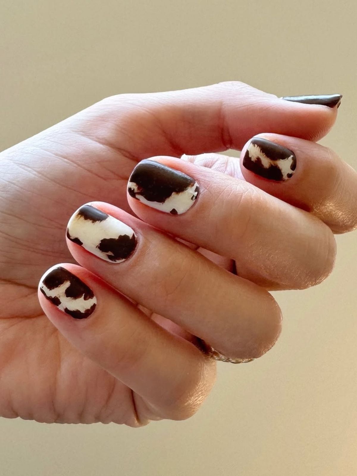 Classic Brown and White Cow Print Short Oval Nails, Glossy — Classy Cow Print Nails