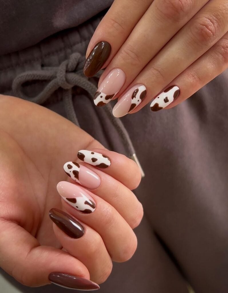 Brown Cow Print Accents on Medium Almonds — Classy Cow Print Nails