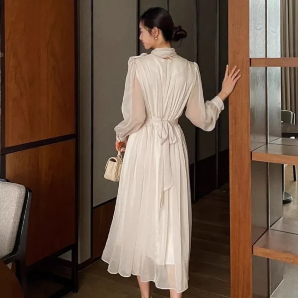 Cream Midi Dress with Sheer Sleeves — Classy Cream Outfits