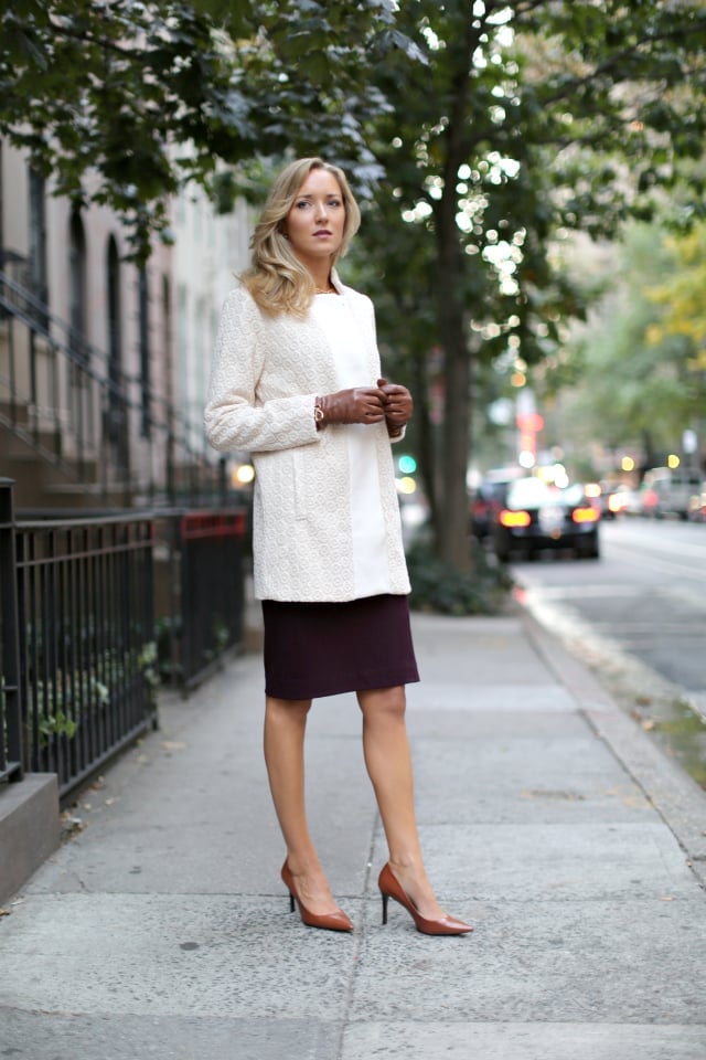 Textured Cream Coat Over Pencil Skirt — Classy Cream Outfits