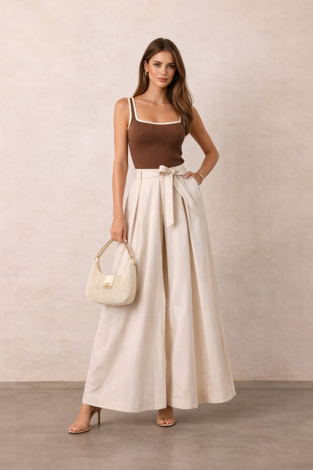 Cream Wide-Leg Trousers with Sleeveless Top — Classy Cream Outfits