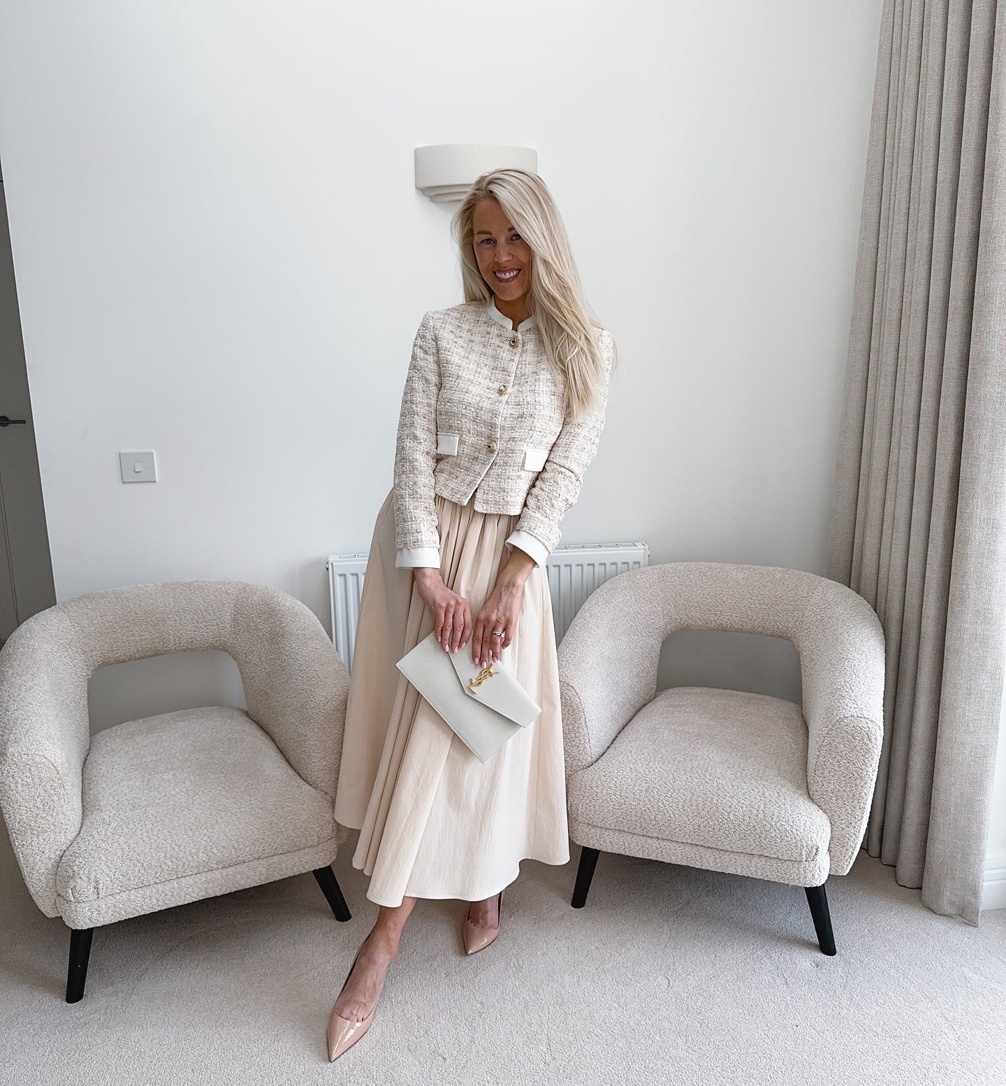 Cream Tweed Jacket with Flowing Skirt — Classy Cream Outfits
