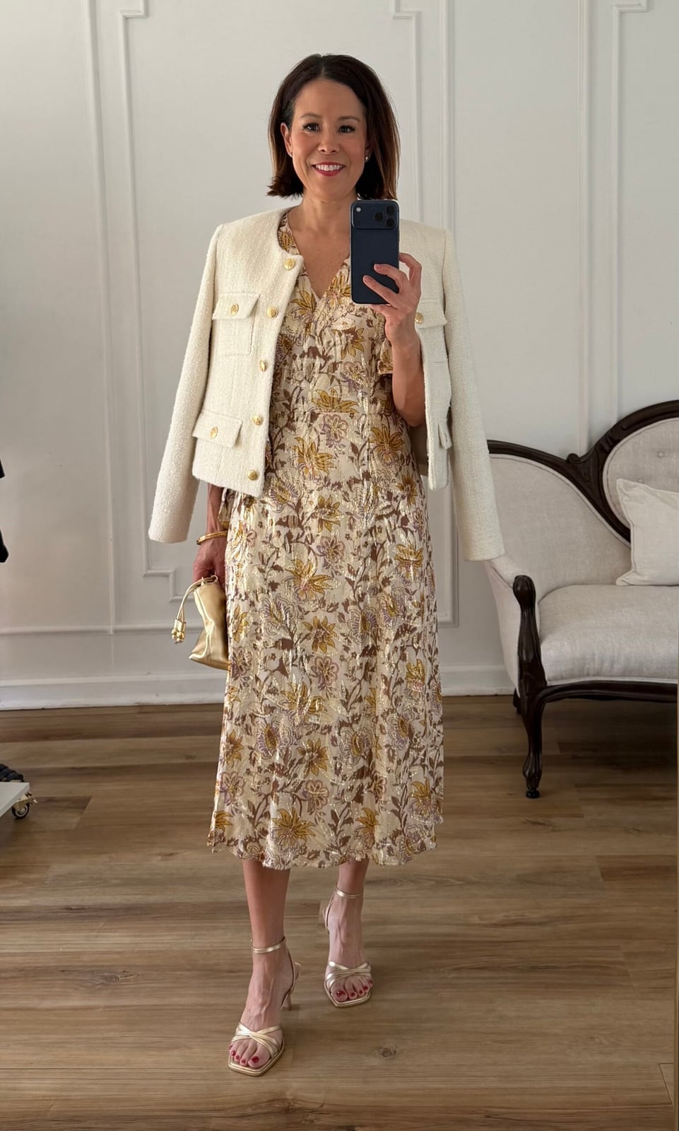 Cream Tweed Jacket Over Floral Dress — Classy Cream Outfits