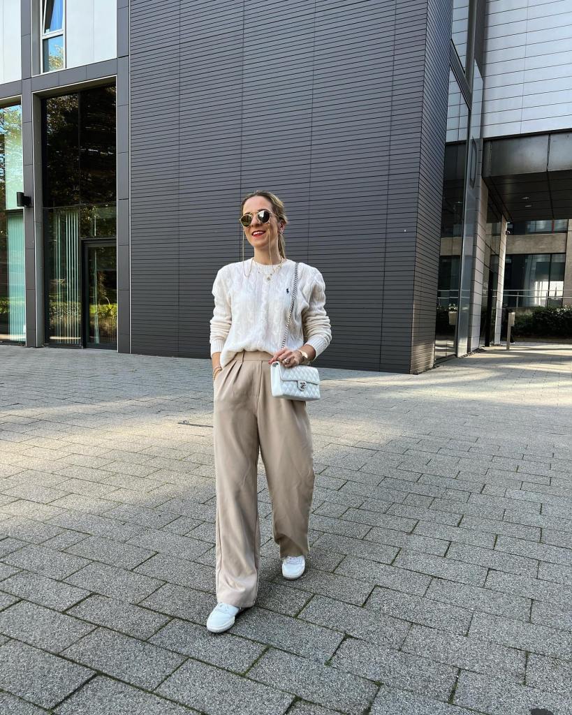 Beige Wide Leg Trousers With Cable Knit Sweater Beige Wide Leg Trousers With Cable Knit Sweater — Classy Cream Pants Outfits