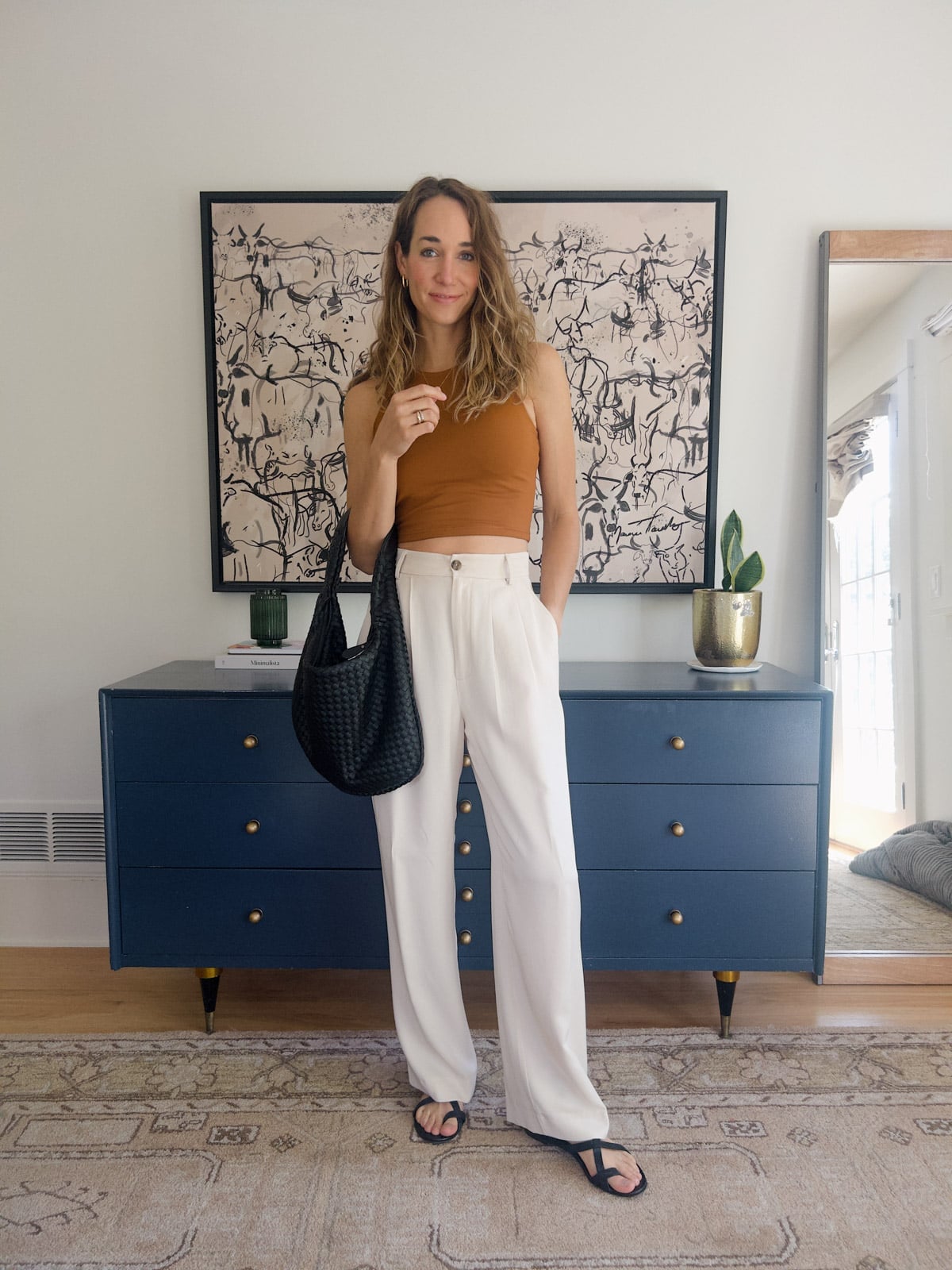 Cream Wide Leg Trousers With Halter Top, High-Waisted Cream Wide Leg Trousers With Halter Top, High-Waisted — Classy Cream Pants Outfits