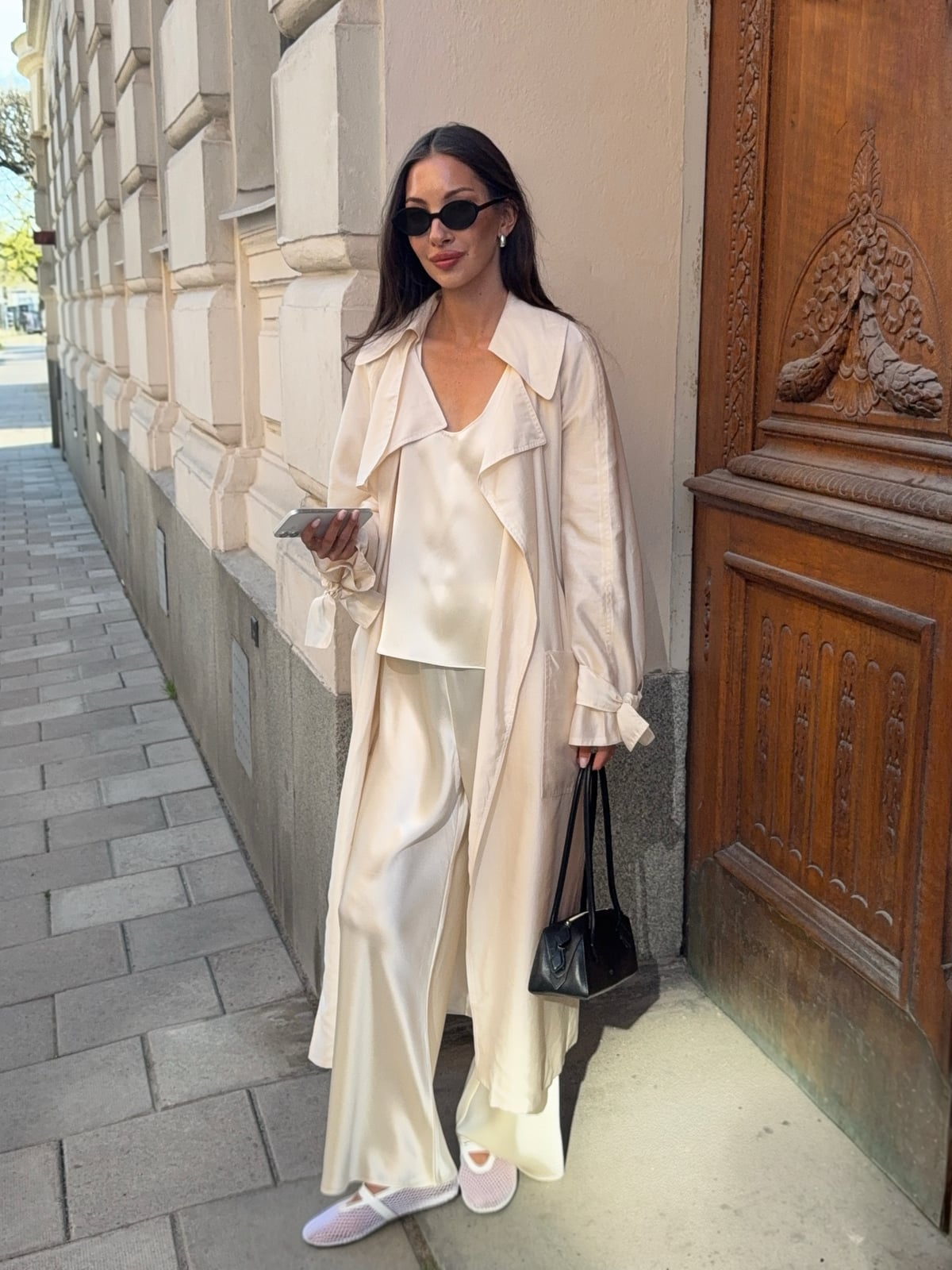 Cream Satin Set With Trench Coat Cream Satin Set With Trench Coat — Classy Cream Pants Outfits