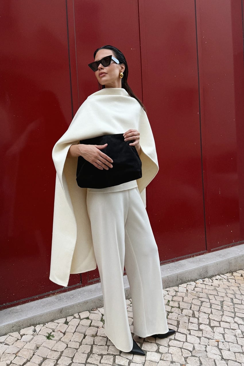 Cream Wide Leg Trousers With Oversized Wool Cape Cream Wide Leg Trousers With Oversized Wool Cape — Classy Cream Pants Outfits