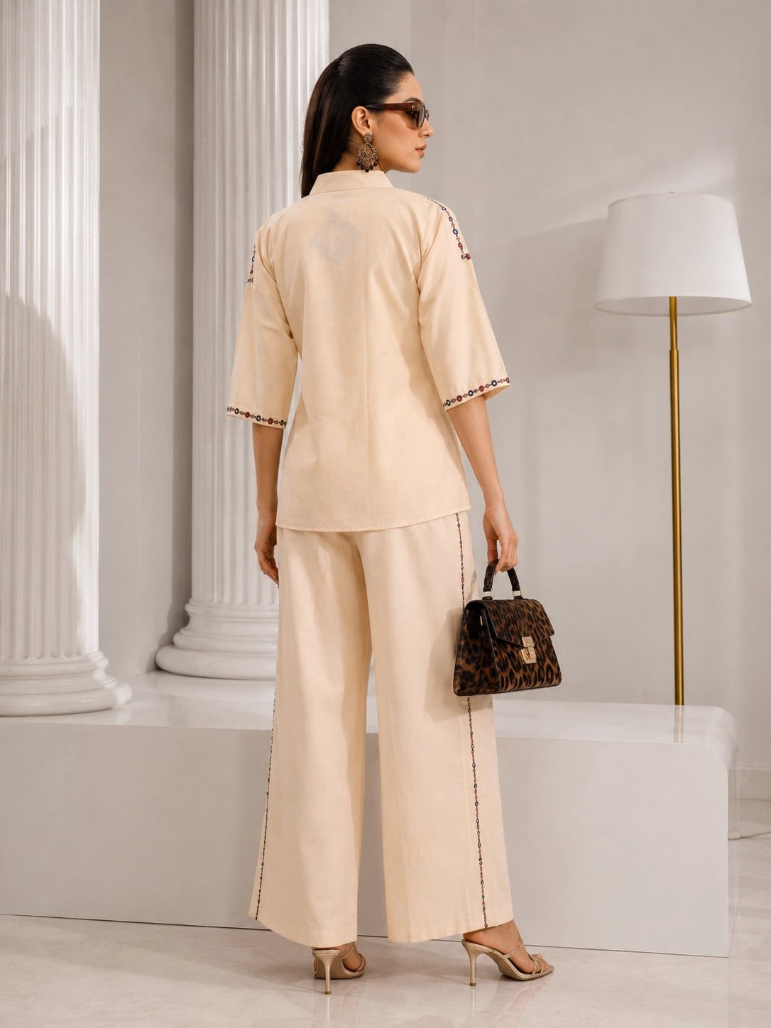 Cream Wide Leg Trousers With Embroidered Top Cream Wide Leg Trousers With Embroidered Top — Classy Cream Pants Outfits
