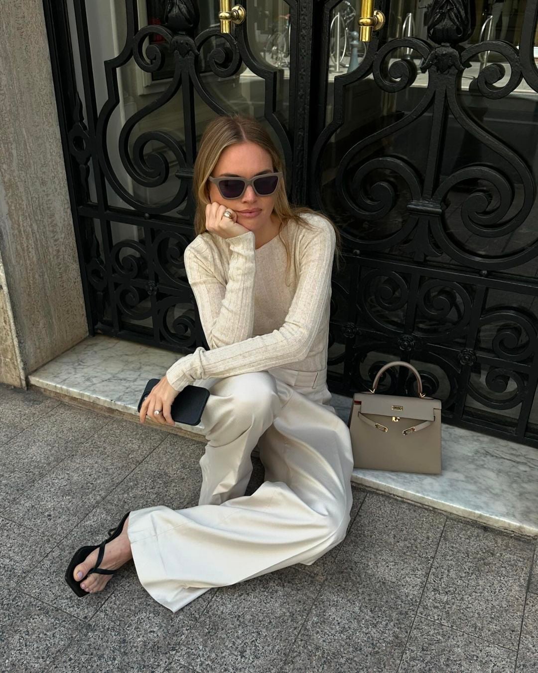 Cream Wide Leg Trousers With Knit Top, Flip-Flops Cream Wide Leg Trousers With Knit Top, Flip-Flops — Classy Cream Pants Outfits