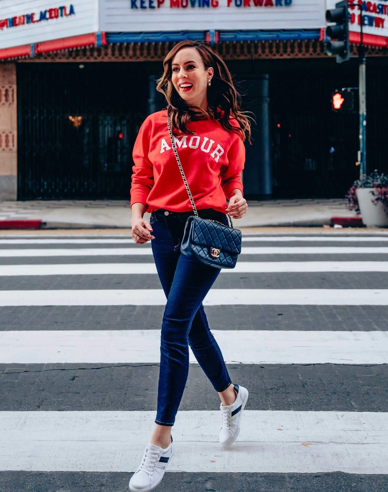 Red Graphic Crewneck With Skinny Jeans — Classy Crewneck Outfits