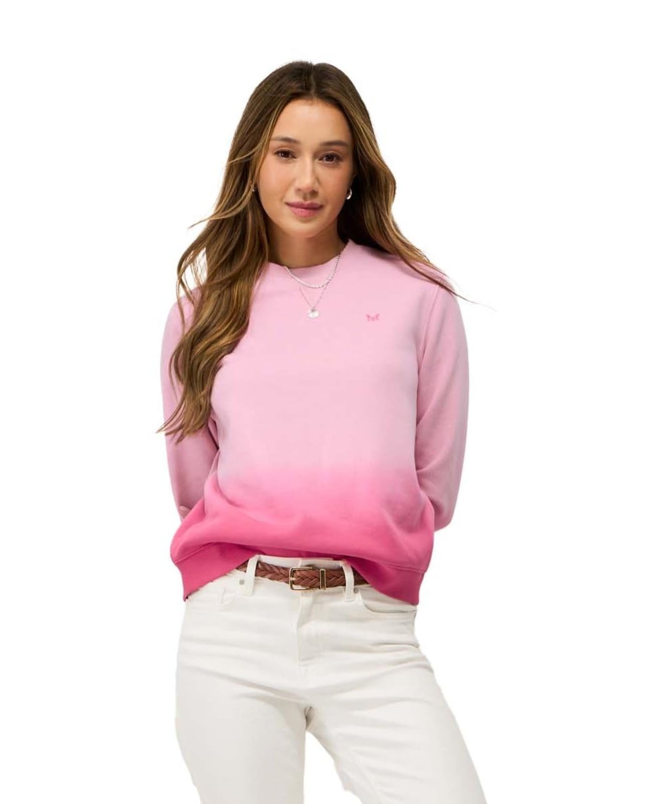 Pink Ombre Sweatshirt With White Pants — Classy Crewneck Outfits