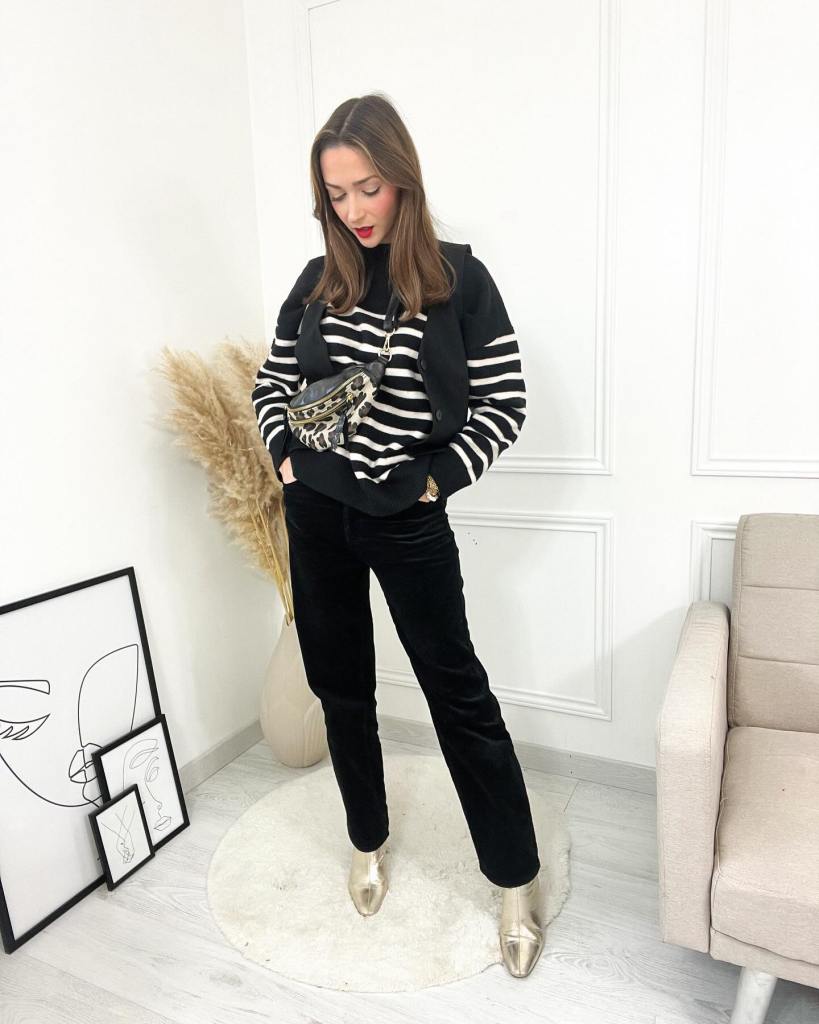 Striped Crewneck Under Black Vest With Velvet Trousers — Classy Crewneck Outfits