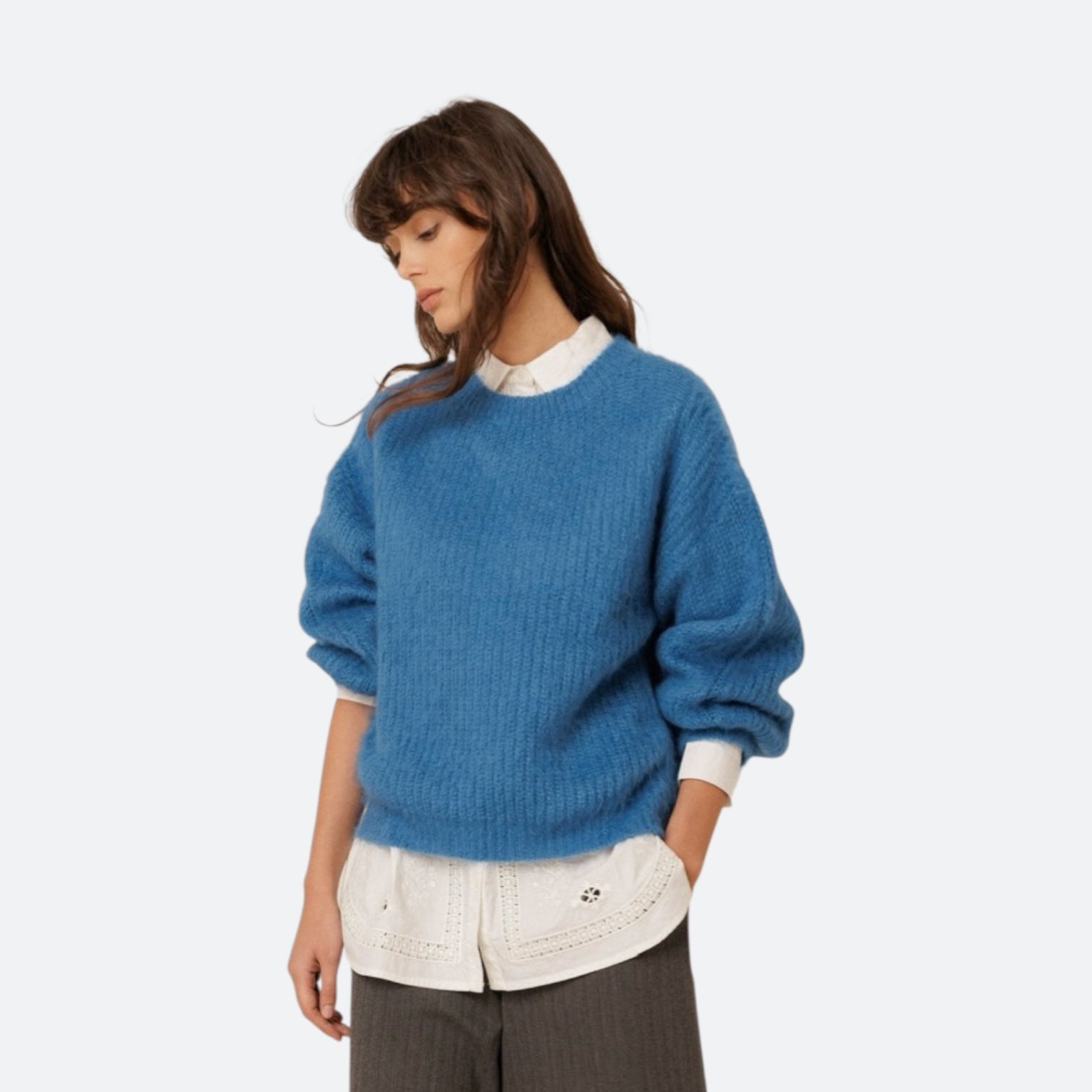 Blue Mohair Sweater Over Collared Shirt — Classy Crewneck Outfits