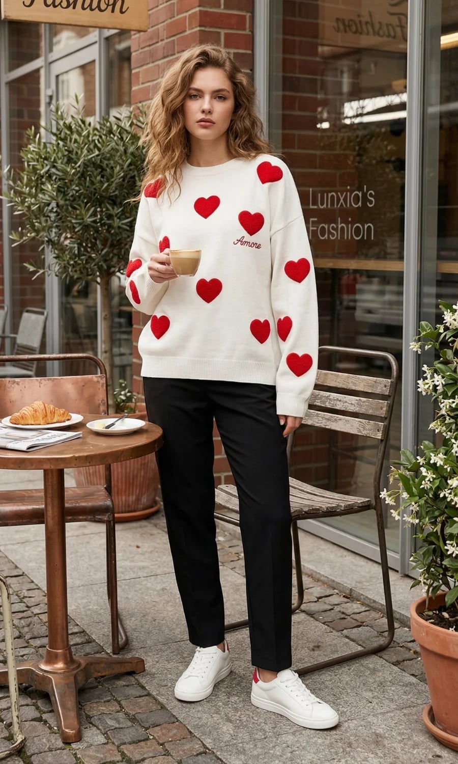 White Heart Print Sweater With Black Trousers, Close-Up Take — Classy Crewneck Outfits