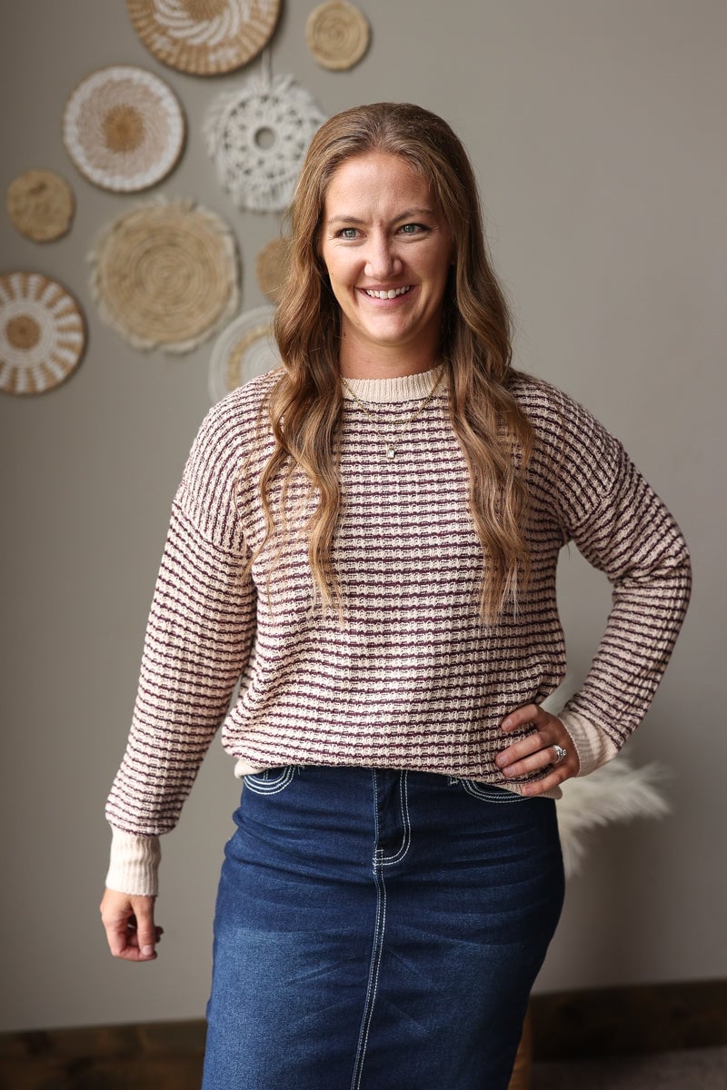 Striped Crewneck With Denim Midi Skirt and Relaxed Fit Sweater — Classy Crewneck Outfits