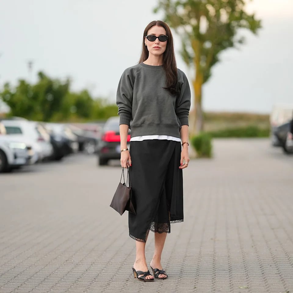 Grey Crewneck Sweatshirt With Lace Trim Skirt and Black Heeled Mules — Classy Crewneck Outfits