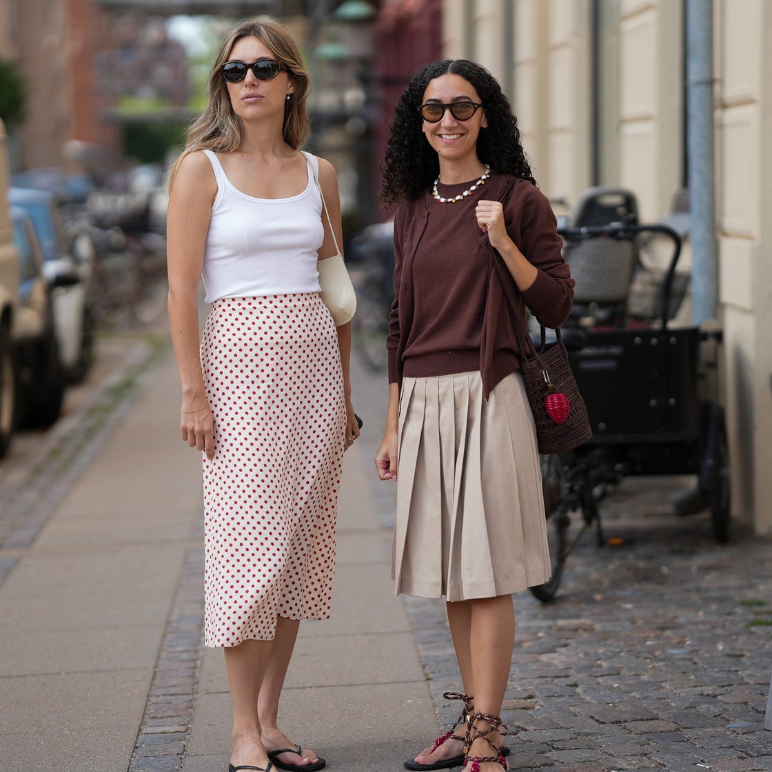 Polka Dot Midi Skirt With Tank Top and Black Flat Sandals — Classy Crewneck Outfits