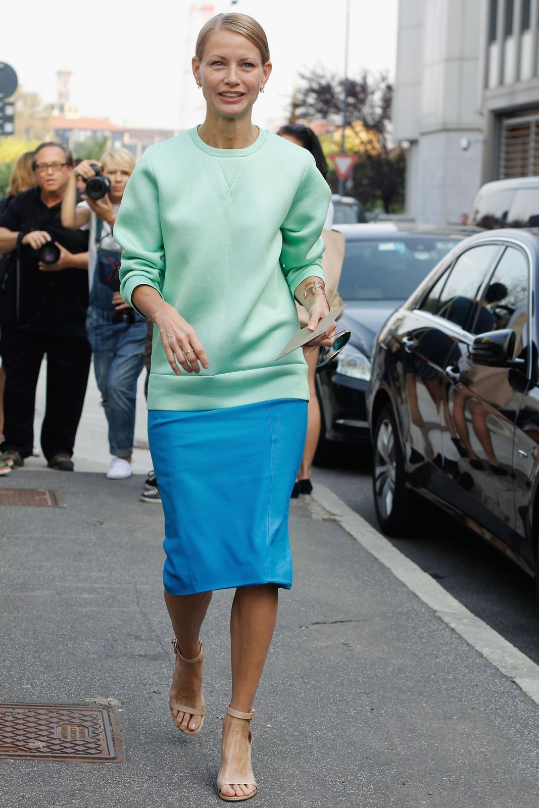 Mint Green Sweatshirt With Blue Pencil Skirt and Nude Heeled Sandals — Classy Crewneck Outfits