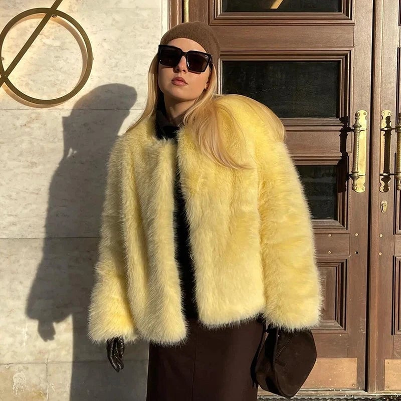 Bright Yellow Faux Fur Cropped Jacket Bright Yellow Faux Fur Cropped Jacket — Classy Cropped Jacket Outfits