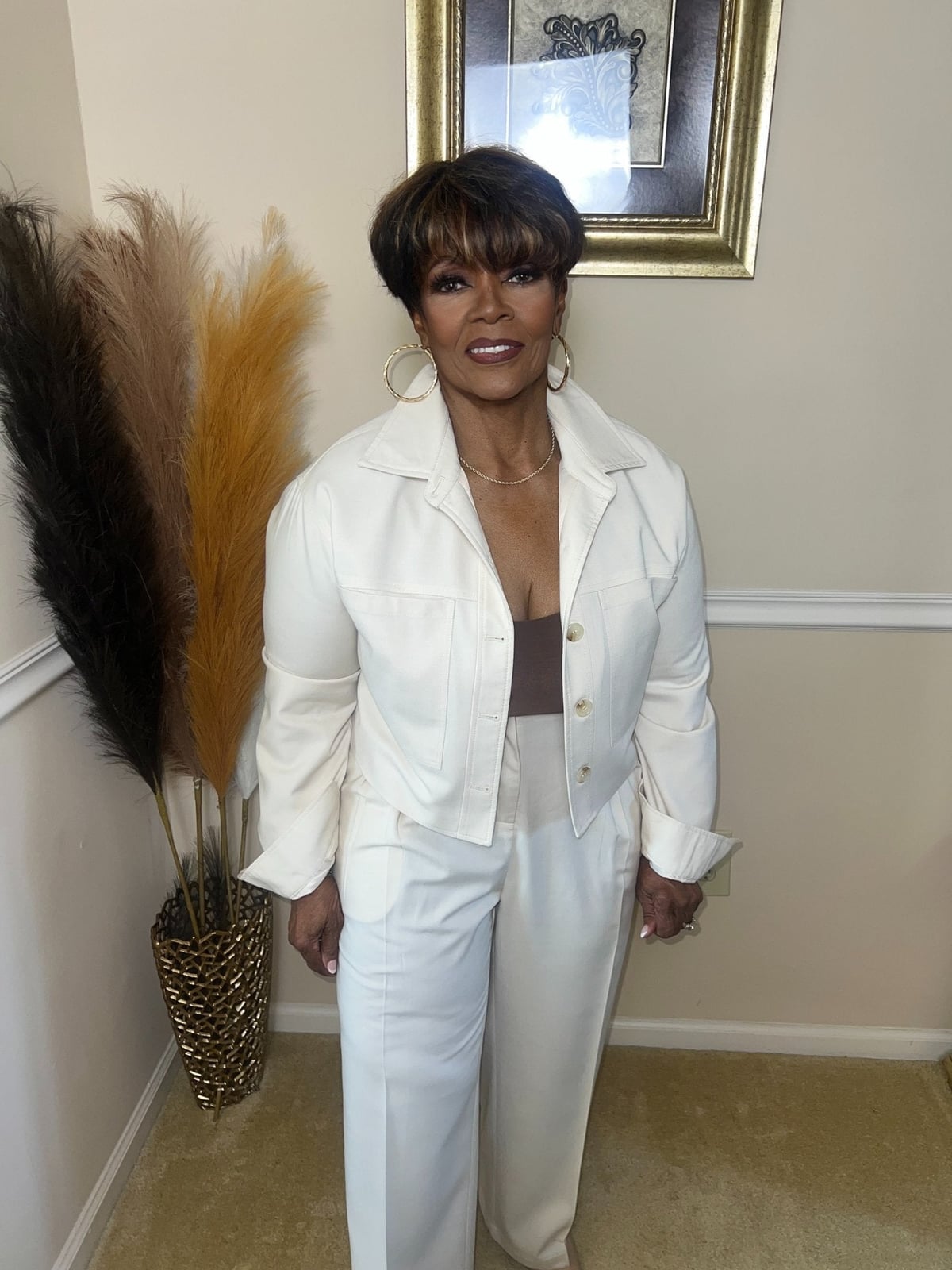 Cream Cropped Jacket with Brown Camisole and Trousers Cream Cropped Jacket with Brown Camisole and Trousers — Classy Cropped Jacket Outfits