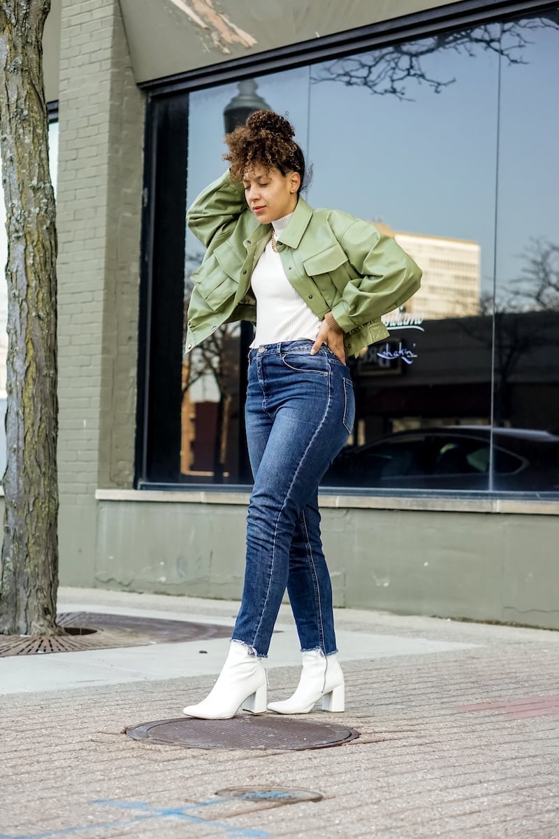 Green Faux Leather Cropped Jacket with Jeans and White Ankle Boots Green Faux Leather Cropped Jacket with Jeans and White Ankle Boots — Classy Cropped Jacket Outfits