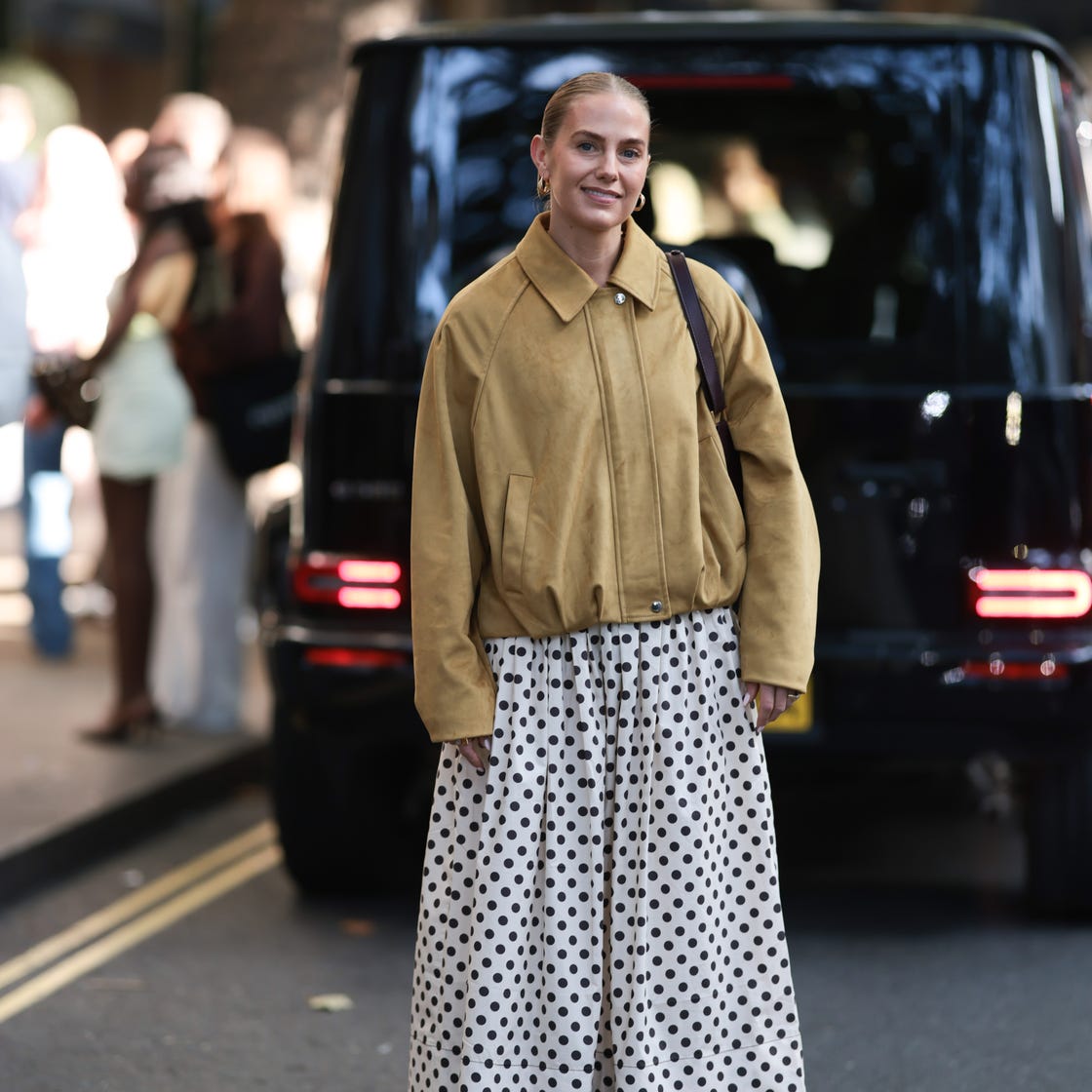 Tan Suede-Like Bomber Jacket with Polka Dot Skirt Tan Suede-Like Bomber Jacket with Polka Dot Skirt — Classy Cropped Jacket Outfits