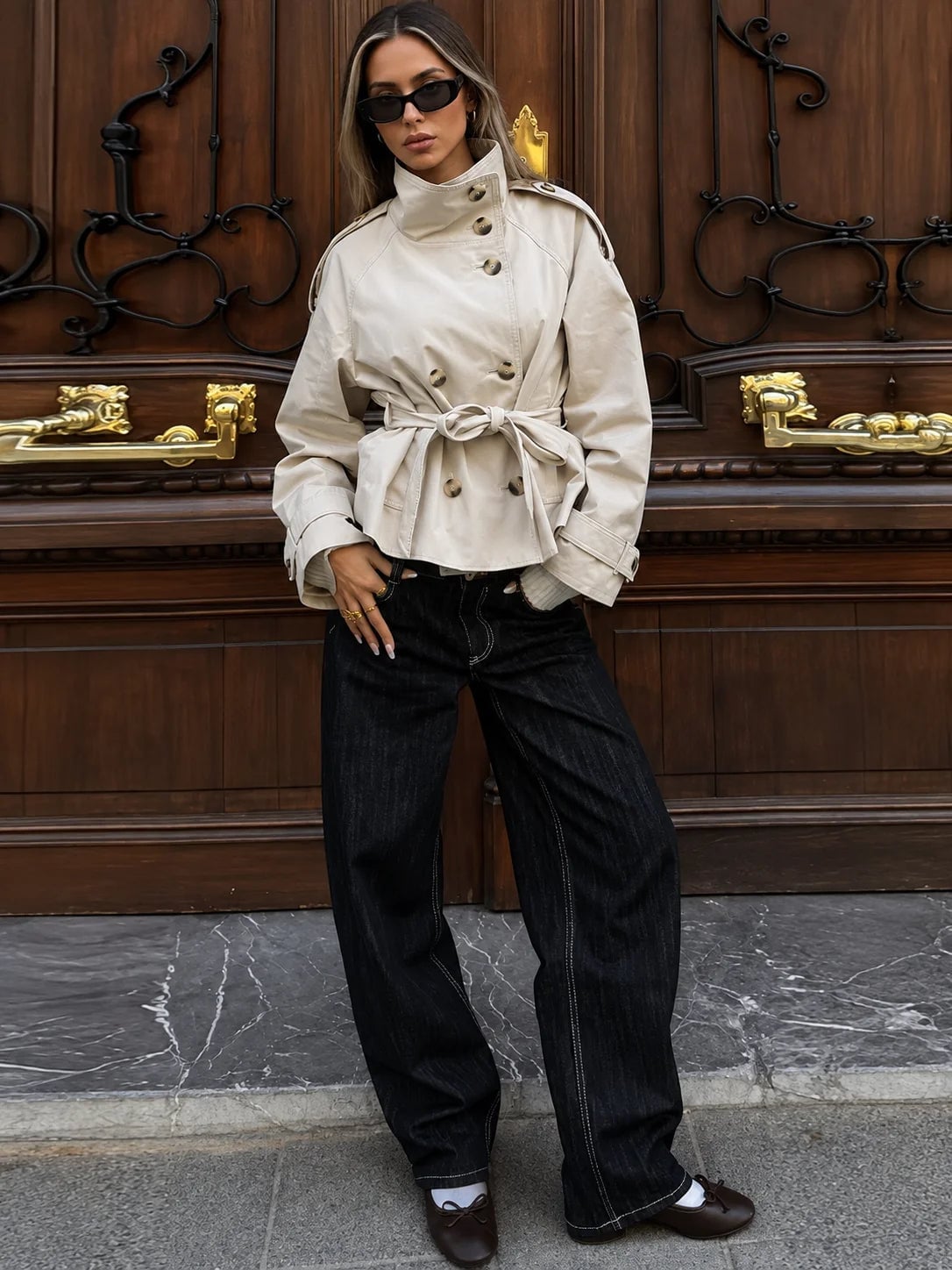 Beige Double-Breasted Cropped Trench Jacket Beige Double-Breasted Cropped Trench Jacket — Classy Cropped Jacket Outfits