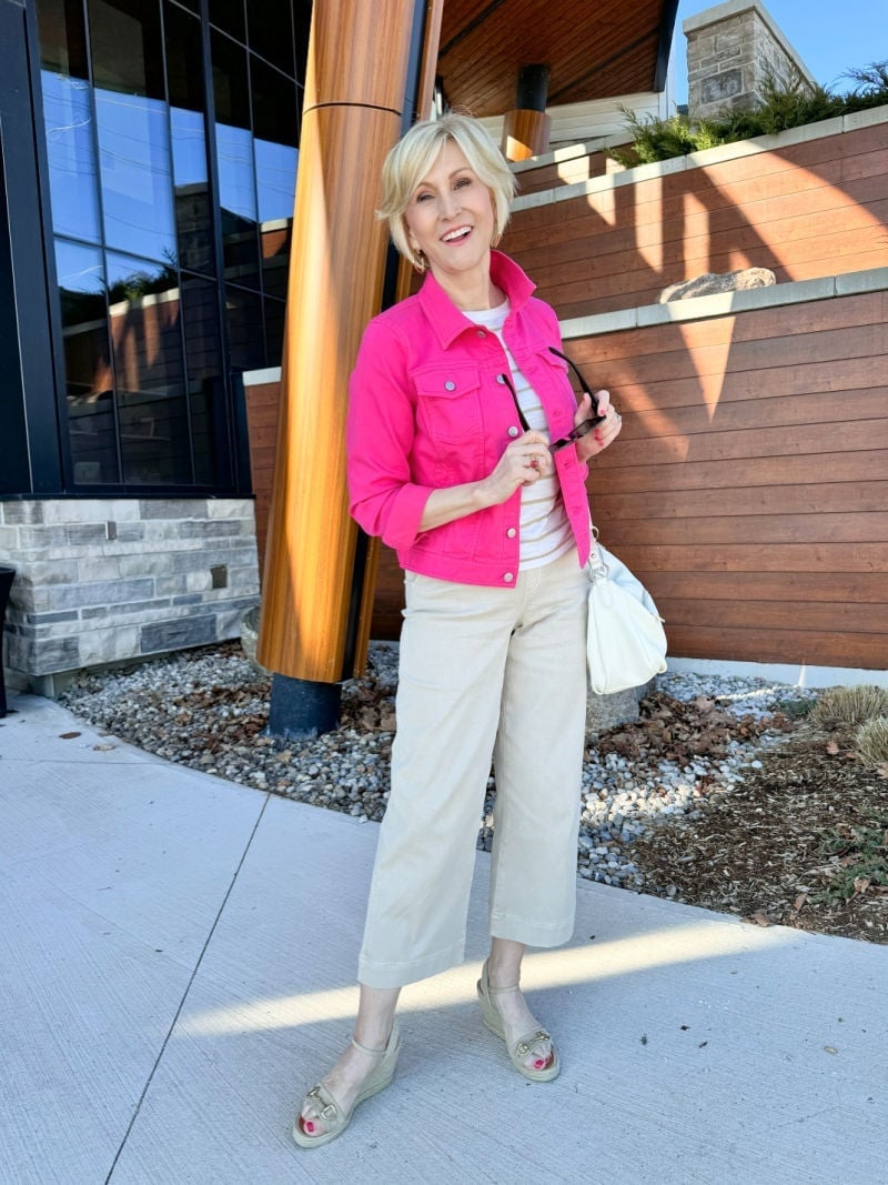 Bright Pink Denim Jacket with Beige Trousers Bright Pink Denim Jacket with Beige Trousers — Classy Cropped Jacket Outfits