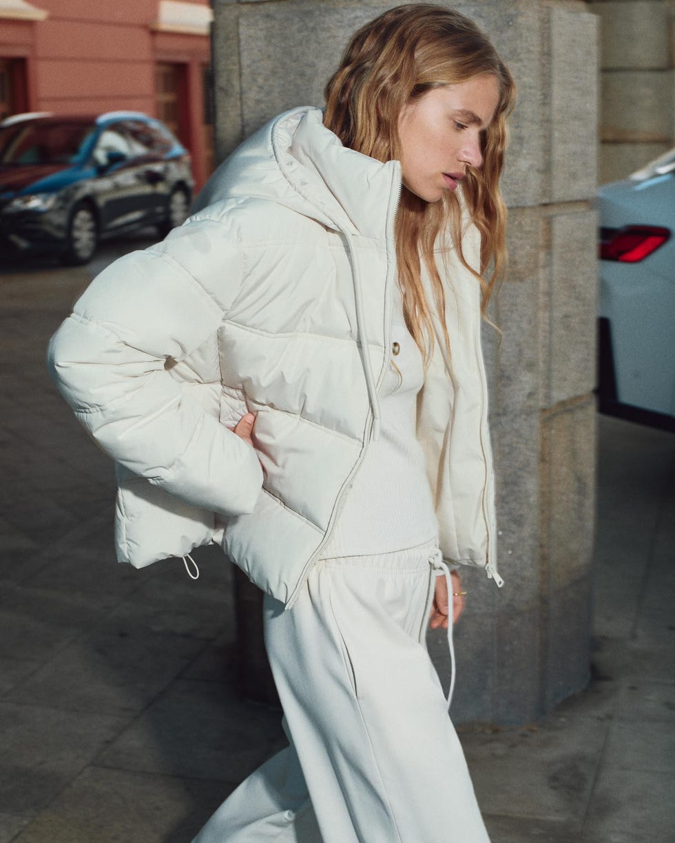 White Puffer Jacket with Cream Trousers White Puffer Jacket with Cream Trousers — Classy Cropped Jacket Outfits