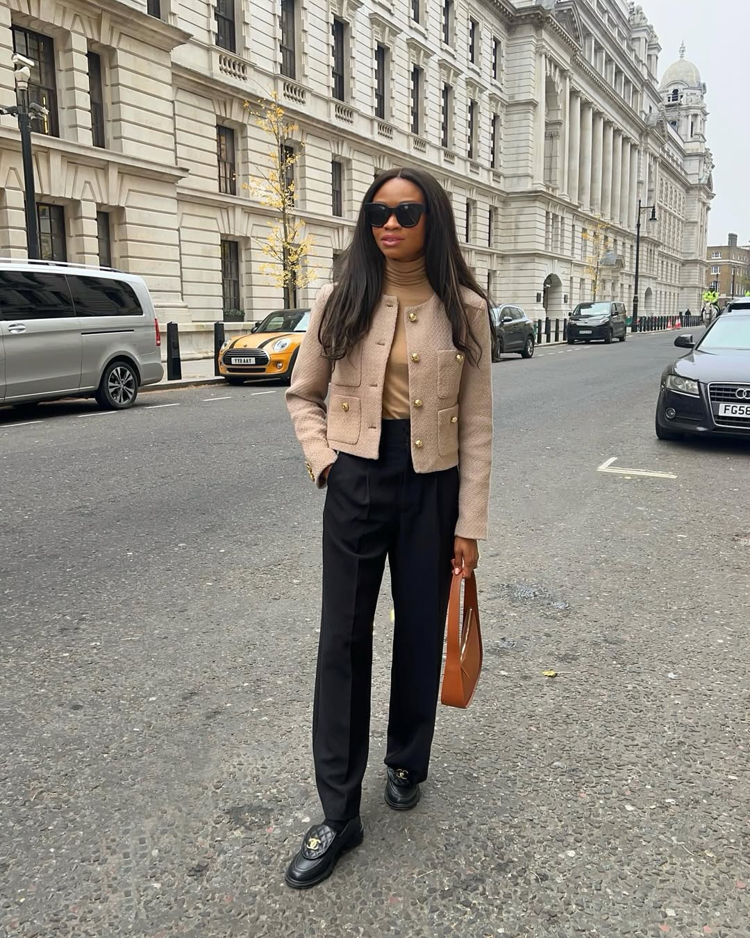 Beige Tweed Jacket with Camel Turtleneck and Black Trousers Beige Tweed Jacket with Camel Turtleneck and Black Trousers — Classy Cropped Jacket Outfits