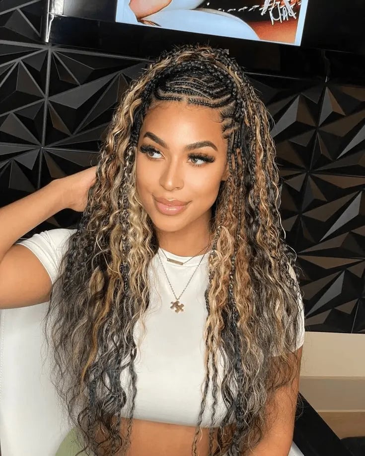 Mid-Back Box Braids With Wavy Curls And Highlights, Curly Mid-Back Box Braids With Wavy Curls And Highlights, Curly — Classy Curls Braids