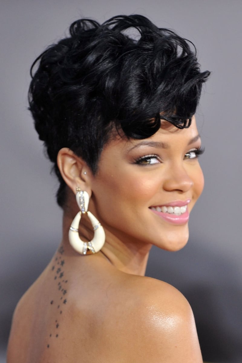 Voluminous Black Pixie With Swept Bangs, Ear — Classy Curly Pixies