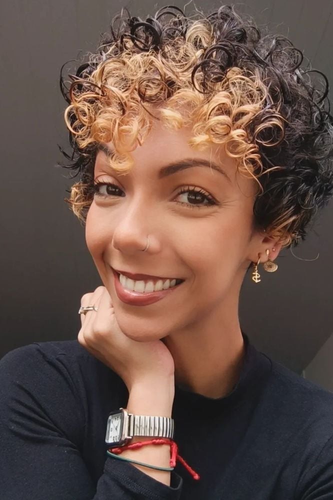 Two-Tone Dark Brown and Blonde Pixie — Classy Curly Pixies