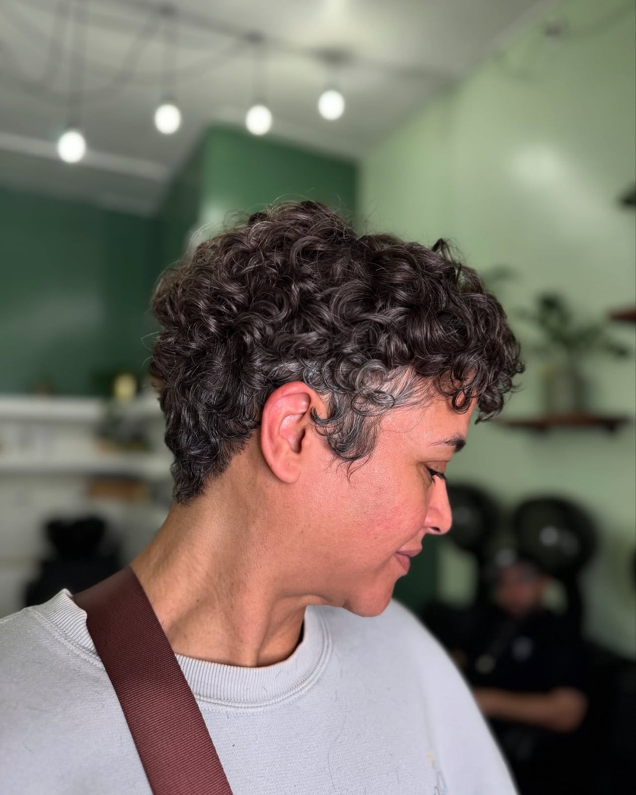 Dark Brown Pixie With Grey Roots — Classy Curly Pixies