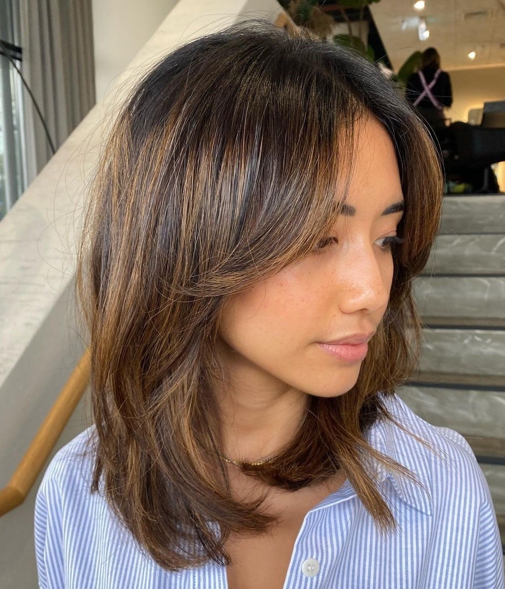 Dark Brown Collarbone Cut With Side Profile Curtain Bangs Dark Brown Collarbone Cut With Side Profile Curtain Bangs — Classy Curtain Bangs